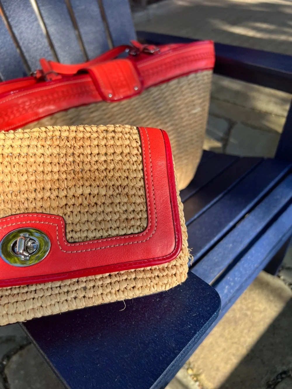 Vintage Coach Editorial XL Straw Leather Beach Tote & Matching Clutch Set